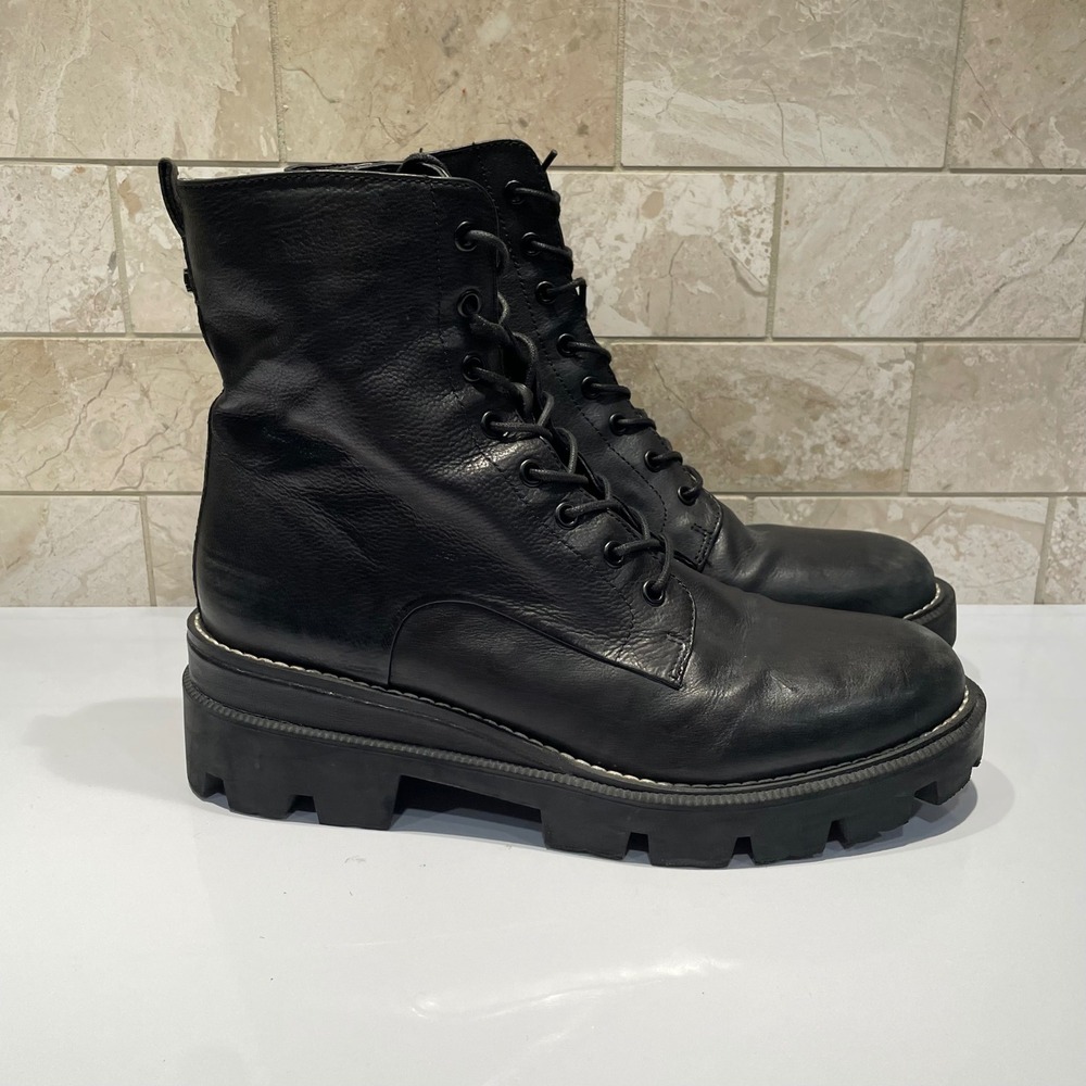 Sam Edelman Garret Black Leather Lug Sole Combat Boots Womens 10